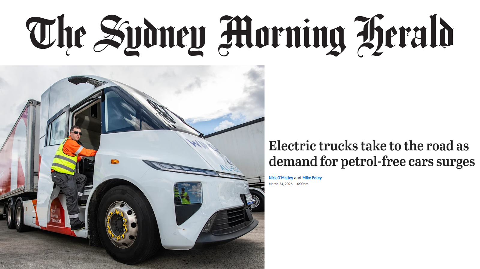 New Energy Transport featured in The Sydney Morning Herald