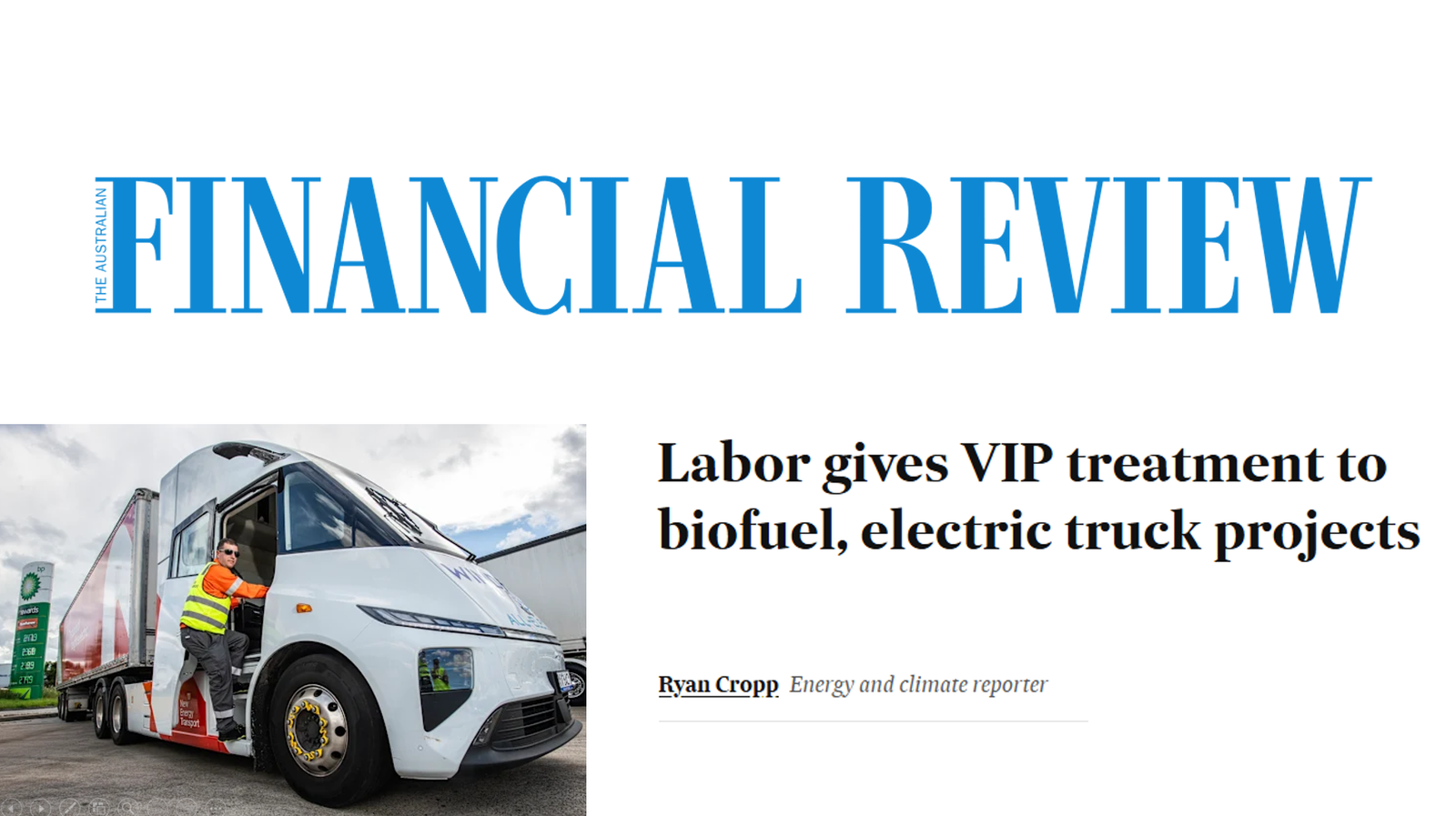 New Energy Transport featured in the Financial Review after Investor Front Door announcement