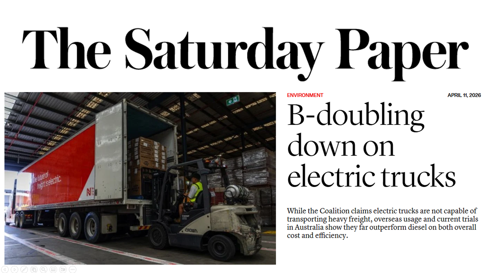 New Energy Transport in The Saturday Paper 11/04/2026